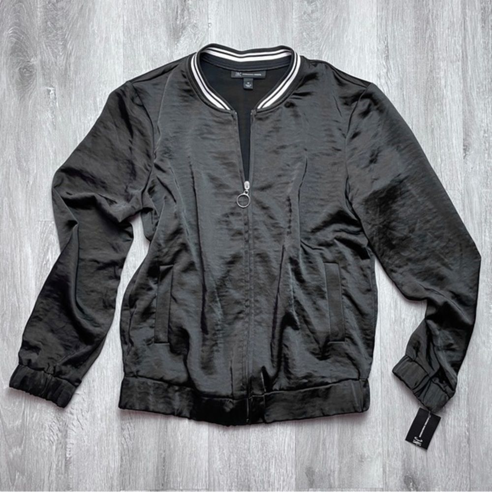 INC Women's XS NWT Black Satin Baseball Bomber Jacket New